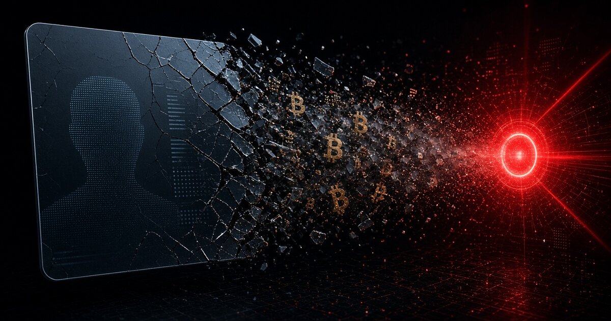 KYCとBitcoin履歴が結合するリスクの抽象イラスト