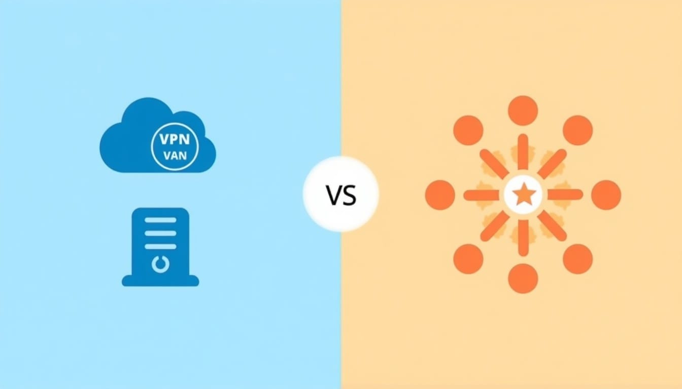 dVPN vs ノーログVPN - 中央集権型と分散型ネットワークの比較図
