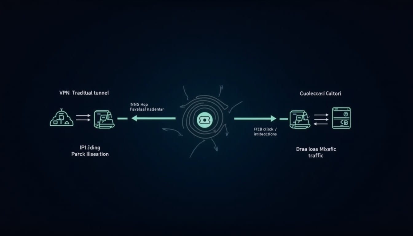従来のVPN通信とmixnet通信の検閲耐性の違いを示す図解