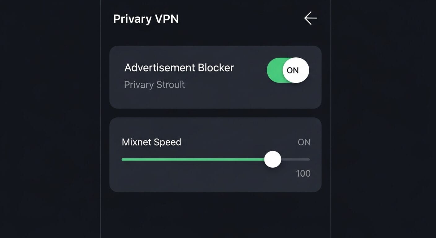 NymVPN v2026.4 UI - 広告ブロッカーとMixnetスライダー設定