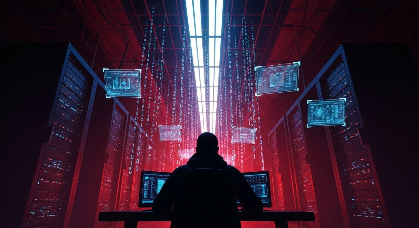 中国ハッカーがFBIの監視システムに侵入するサイバーパンクなイメージ