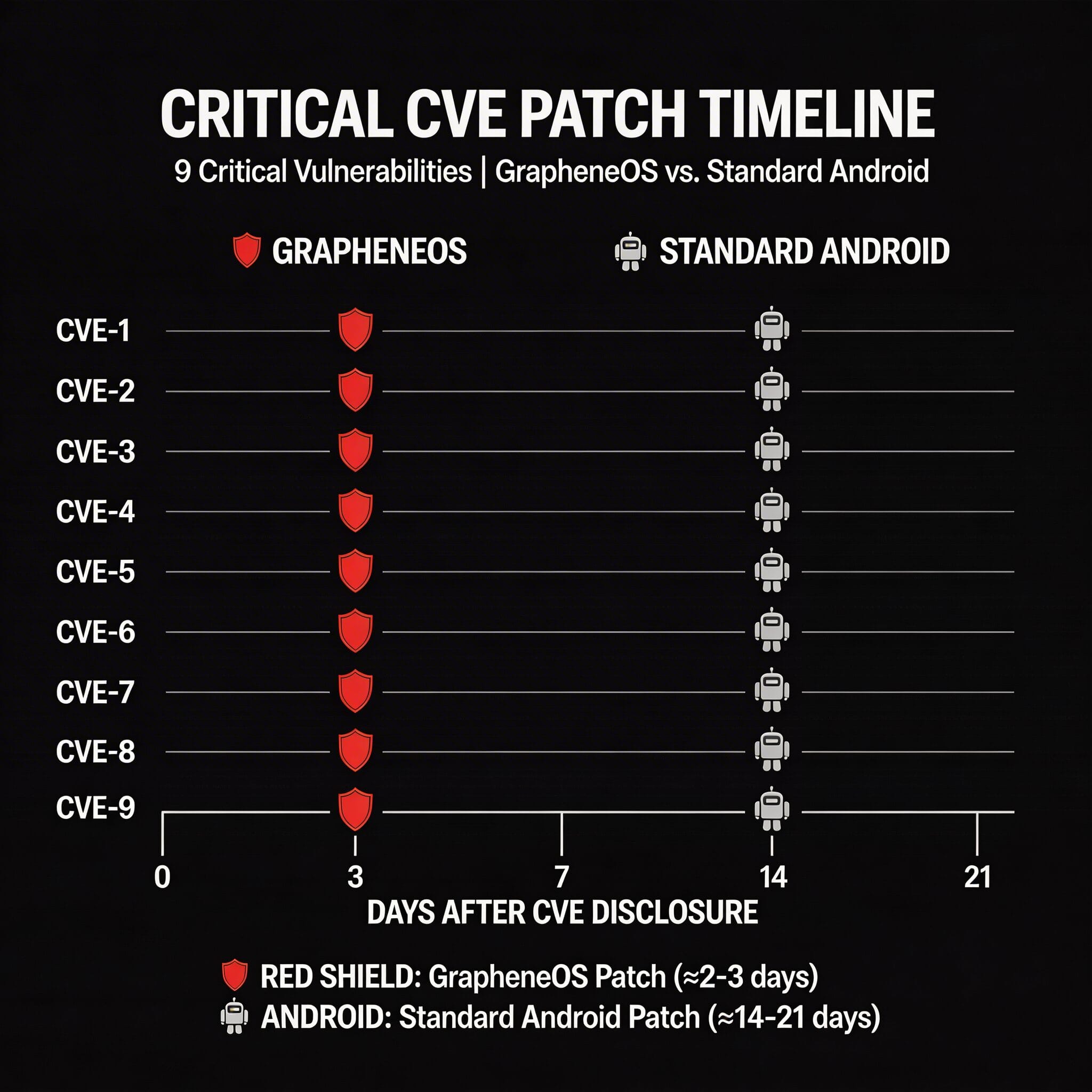 GrapheneOSのCVE先行パッチタイムライン：一般AndroidよりCritical脆弱性を先に修正
